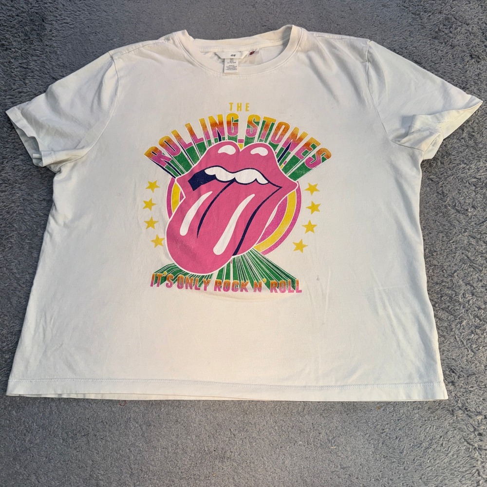 H&M The Rolling Stones Graphic Shirt Womens Large White Rainbow Tongue Band Tee